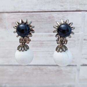 Vintage Clip On Earrings Large Chunky Black and Off White Dangle